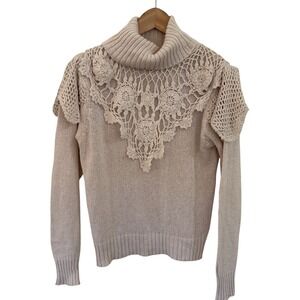 Hewlett Knitting‎ Mills New York Vintage Beige Silk Crochet Turtleneck Sweater M
